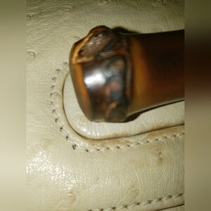 True Vintage cream genuine ostrich skin  bamboo handle lambskin leather handbag